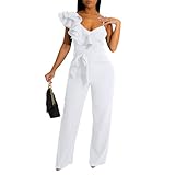 kaimimei Womens Casual Jumpsuits V-Neck Sleeveless Ruffle Backless Belted Wide Leg Pant Sexy Romper Party Clubwear White 2XL