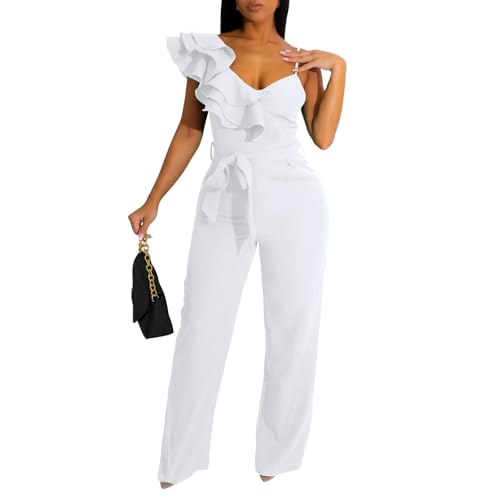 kaimimei Womens Casual Jumpsuits V-Neck Sleeveless Ruffle Backless Belted Wide Leg Pant Sexy Romper Party Clubwear White S