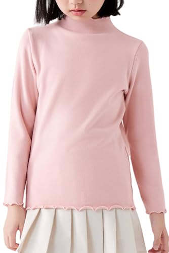 Image of ACESTAR Girls Solid Lettuce Trim Mock Neck Shirt Long Sleeve Slim Fit Ribbed Knit Tee Ruffle Tops Soft Base Layer