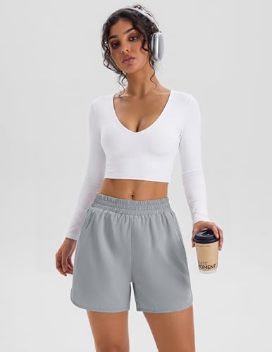 Aprolive High Waisted Athletic Shorts Women 5'' Dolphin Running Workout Gym Short with Liner and Zipper Pockets (B Light Grey, L) — view 2