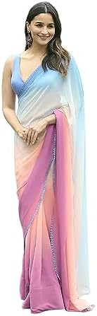 RAJESHWAR FASHION WITH RF Women's Trendy Faux Georgette Ombre Pedding Plain Saree For Women With Dyeable Lace Border & Blouse(Rocky Aur Rani Ki Prem Kahani Alia)