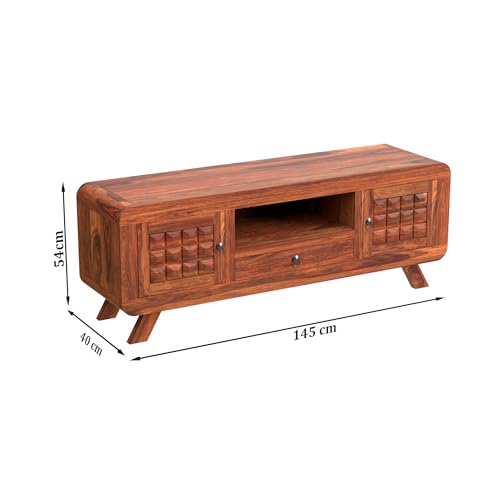 Image of Sheesham Wood Entertainment Tv Unit for Living Room | Free Standing Media Console Movable Tv Cabinet Sideboard | Tv Table Side Board with 2 Doors, 1 Drawer & Open Shelf Storage | Honey