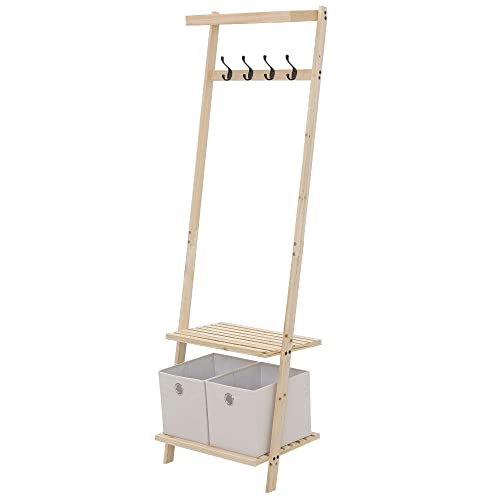 HOMCOM Perchero Zapatero de Madera contra la Pared con 3 Estantes 2 Cajones de Tela y 4 Ganchos para Colgar Ropa Bolsas para Recibidor Entrada Salón 55x37x173 cm Natural