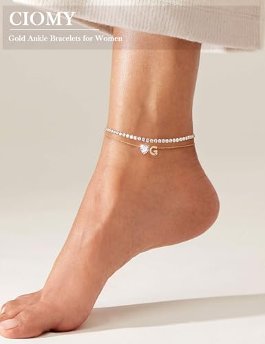 Image of Gold Initial Ankle Bracelets for Women 14K Gold Plated CZ heart Tennis Anklets for Women Waterproof Layered Adjustable Letter Anklets Large Ankle Summer Beach Foot Jewelry