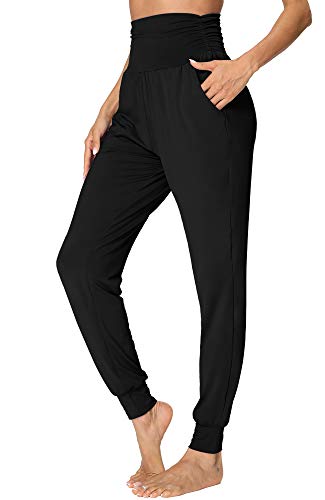 fitglam Women's Comfy Harem Pants High Waisted Tummy Control Lounge Joggers with Pockets Black