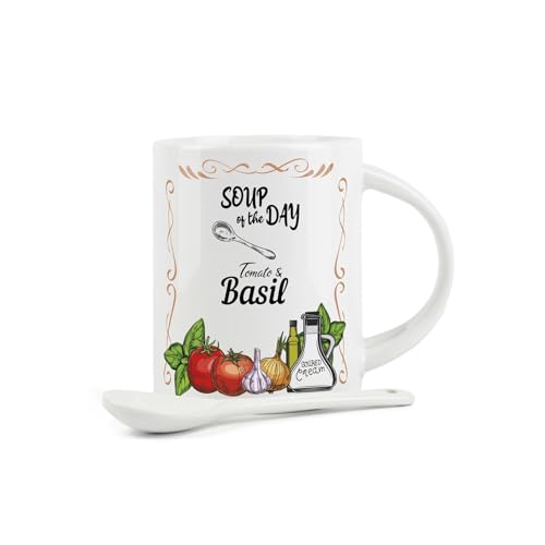Purely Home Soup Mug and Spoon Set - Tomato and Basil Soup of The Day - Ceramic White Soup Mug with Spoon in Handle - Image 2