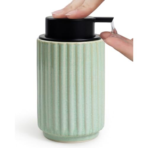 Foaming Soap Dispenser, Green Ceramic Refillable Foam Hand Soap Pump for Bathroom Kitchen, 10.5OZ Lotion Dispenser, Foaming Dish Soap Dispenser, Modern Stripe Design, ANTIS'S HOME Green Foam