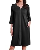 Ekouaer Robes for Women 3/4 Sleeves Housecoat Lightweight Sleepwear Zipper House Dresses with Pockets S-3XL(Black, Large)