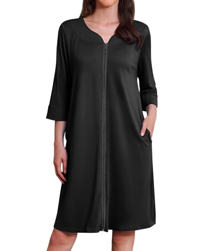Ekouaer Robes for Women 3/4 Sleeves Housecoat Lightweight Sleepwear Zipper House Dresses with Pockets S-3XL(Black, Large)