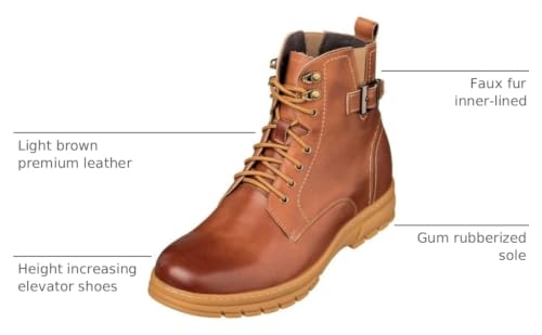 Image of TOTO Men's Invisible Height Increasing Elevator Shoes - Light Brown Premium Leather Lace-up Combat Style High-Top Boots - 2.8 Inches Taller - K16205 - Size 7 D(M) US