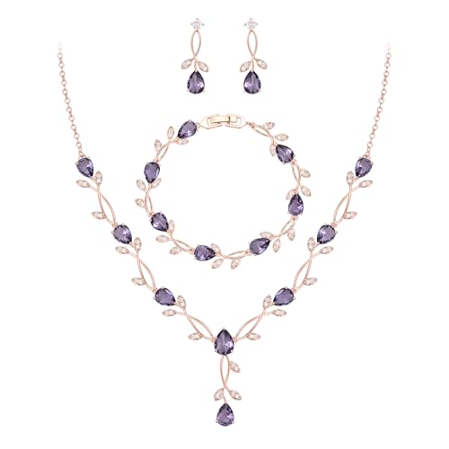 EVER FAITH Wedding Jewelry Set for Bride Bridesmaid, Purple Teardrop Cubic Zirconia Rose Gold-Plated-Brass Leaf Vine Bridal Prom Necklace Dangle Earrings Bracelet Sets for Women