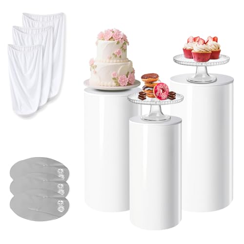 Gladeup 3 Pcs White PVC Cake Stand Cylinder Pedestal Stands Cylinder Stands for Party with Weighted Water Bag & Spandex Cloth Cover for Wedding Birthday Decor 34.06(L) 29.13(M) 23.82(S)