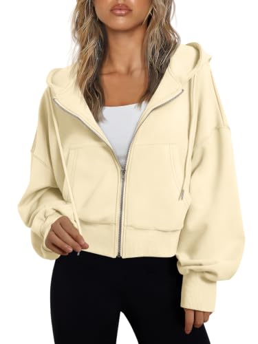 Image of Trendy Queen Womens Zip Up Hoodies Cropped Jackets Fall Outfits 2026 | lightweight comfort material, slouchy drop shoulder, casual travel winter clothes with pockets, airport workout athletic
