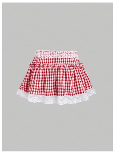 Milumia Women's Gingham Contrast Lace Frill Trim Skirt Flared A Line Mini Skirts2