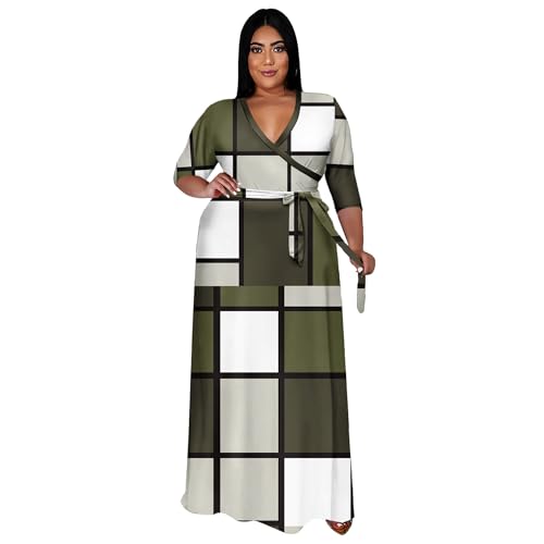 Image of Runwind Plus Size Dresses for Women Floral Maxi Dress Flowy 3 /4 Sleeve with Belt