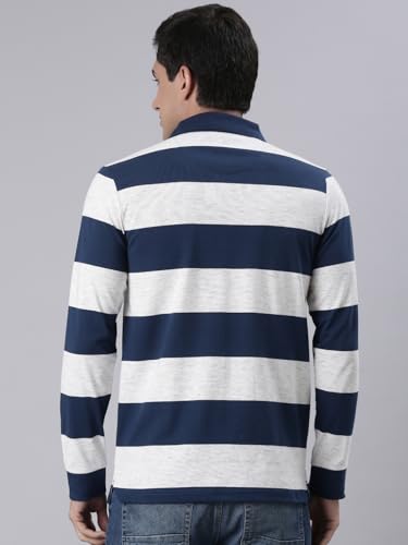 Image of Classic Polo Men's Full Sleeve Navy /Off-White Polo Neck Slim Fit Colorblock Cotton T-Shirt