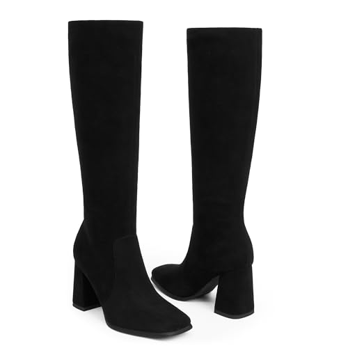 Image of Modatope Knee High Boots Women Chunky Heel Square Toe Fashion Tall Boots | Side Zipper pu Leather Tall Boots,Chunky Heel 70s Gogo Boots,Fashion Heeled Fall Winter Boots,Long Dressy Boots for Women
