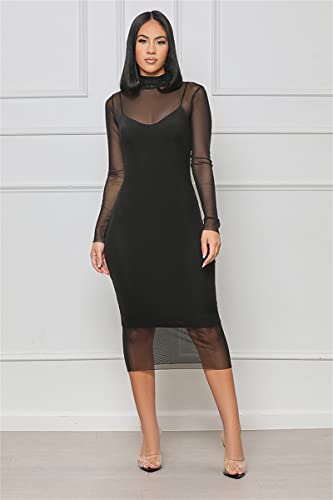 Image of Atyfuniby Women's Sexy 3 Piece Outfits Mesh See Through Ruched Midi Dresses + Crop Tank Tops + Skinny Shorts Sets Clubwear