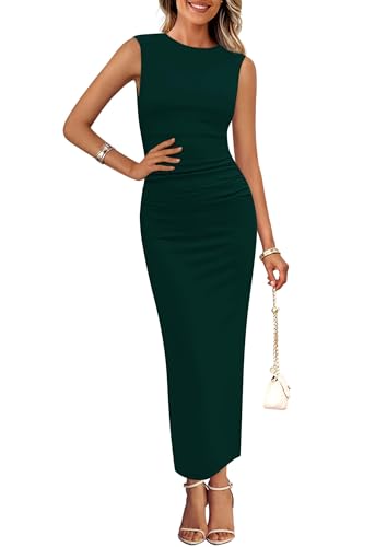 PRETTYGARDEN Women's Summer Wedding Guest Dresses 2025 Sleeveless Ruched Bodycon Fitted Maxi Long Cocktail Dress with Slit
