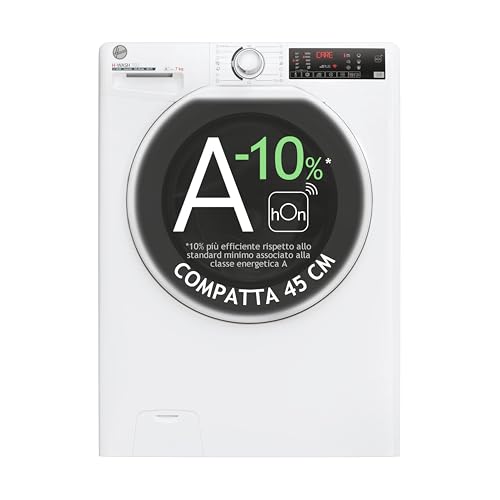 Hoover, Lavatrice Slim H-WASH 350, H3WP4474TAM6/1-S, Lavatrice a carica frontale, 7 KG, Classe A-10%, 1200 giri, 77 dB, Vapore, 16 programmi, Partenza ritardata, Bianco, AxLxP 85x60x45 cm