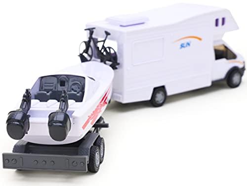 Toyland® Wohnmobilanhänger & Yellow Speedboat Play Toys - Fahrzeugspielzeug im Maßstab 1:48 (Weiß)