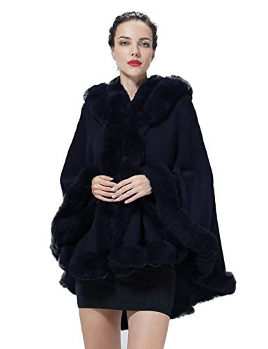 SUFCOMOU Poncho Hooded Shawl Wrap Women Cape Winter Faux Fur