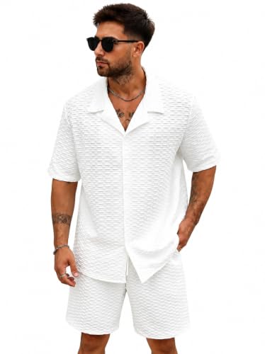 Image of Zilcon Men's Textured Co-Ord Set | Half Sleeve Cuban Collar Shirt & Shorts | Casual Summer Lounge Wear | Premium Matching Outfit