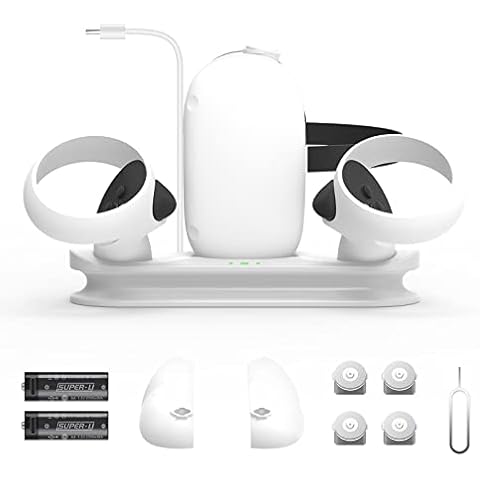 EJGAME Upgraded Enhanced Charging Dock with LED Light for Meta/Oculus Quest 2,Headset and Controller Charging Station Stand, 2 Rechargeable Batteries, Magnetic Cable(Support Quest 2 Elite Strap) Cover