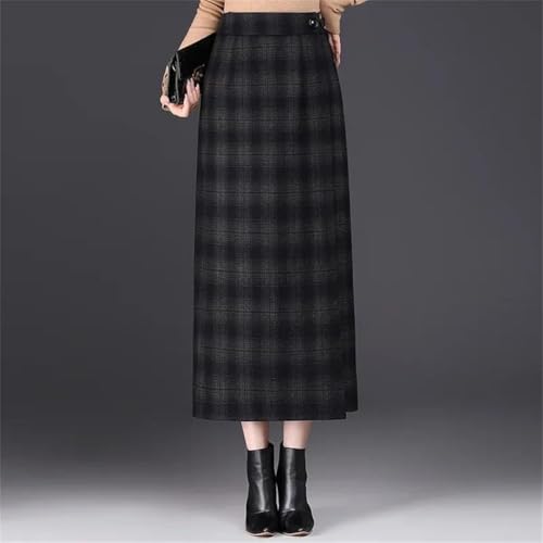 Women's Solid High-Waisted Button-Embellished Slim-Fit Plaid Midi-Length Straight Wool Mini A-Line Skirt2