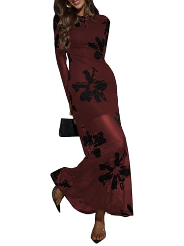 Verdusa Women's Floral Mesh Maxi Dresses Long Sleeve Elegant Formal