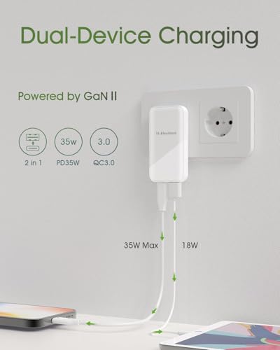 USB C Ladegerät 35W, Elexlinco 2-Port Schnell Kompakt Netzteil, PD 3.0 USB C Power Adapter Ladestecker Kompatibel für iPhone, iPad, Samsung Galaxy, Nexus, HTC, Motorola, LG und Viele Mehr (Weiß)