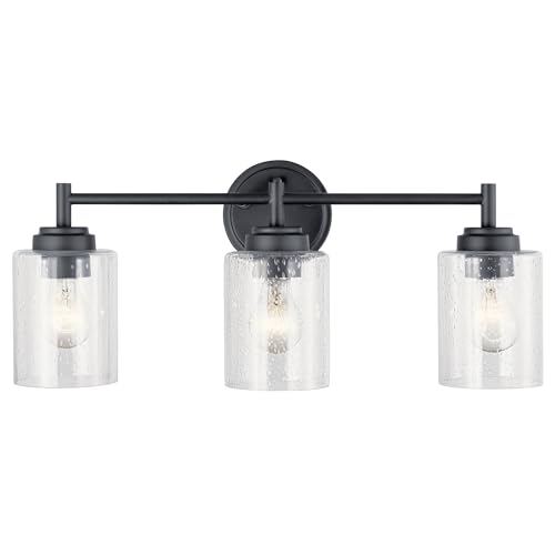 Image of Kichler Winslow 21.5 inch 3-Light Bathroom Vanity Light Fixture with Clear Seeded Glass in Black, Modern Wall Mount Lighting for Mirror over Vanity in Bathroom, 45886BK
