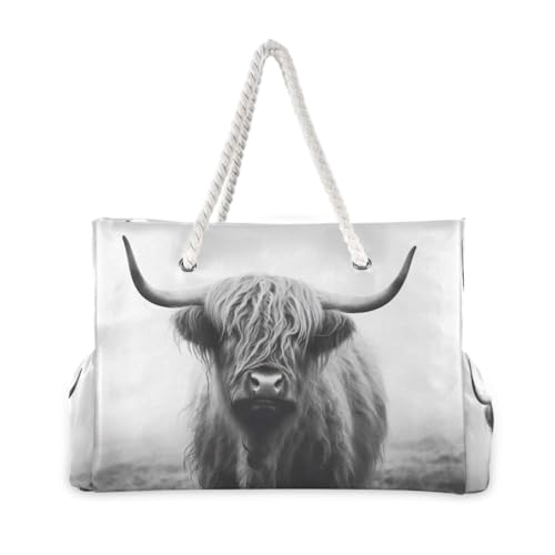 Highland Cow Beach Bag with Top Zipper Closure, Waterproof Pool Bag, Large Beach Tote for Women#512