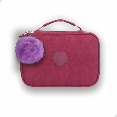 Estojo Escolar Grande de Nylon 23x15x6 cm com 24 Elásticos e Pompom, Várias Cores (Vinho)