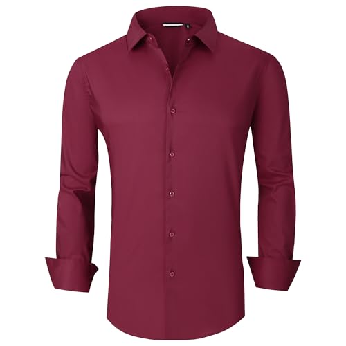 WARHORSEE Mens Dress Shirts Long Sleeve 4-Way Stretch Regular Fit Wrinkle Free Casual Button Down Shirt,Burgundy,XXL