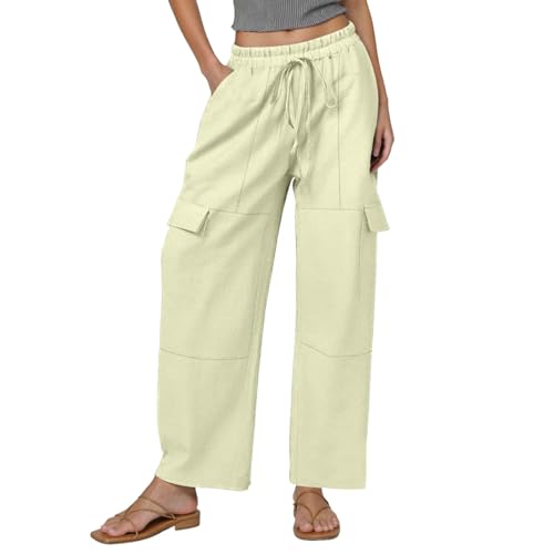 Pantalon cargo 7/8 en lin et coton noble à coupe large épurée