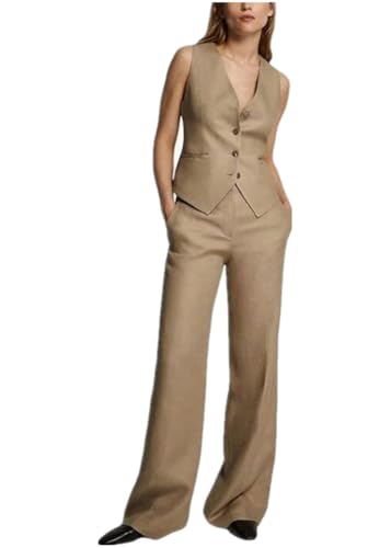 Summer Womens Linen Suit 2 Piece Outfits Vest and Wide Pants Set4