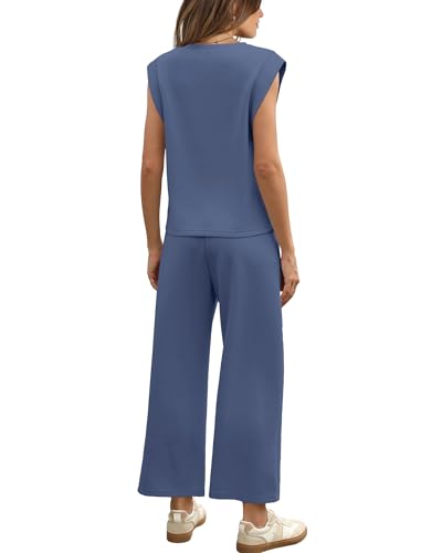 Image of SAMPEEL Two Piece Sets for Women Casual Travel Vacation Outfits Summer Wide Leg Crop Pants Lounge Sets