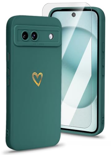 CICIBER Silicone Phone Case for Google Pixel 8A, with Screen Protector, for Women Girls Silky Soft TPU Protective Shockproof Case Cover with Gold Heart Pattern Design, Darkgreen