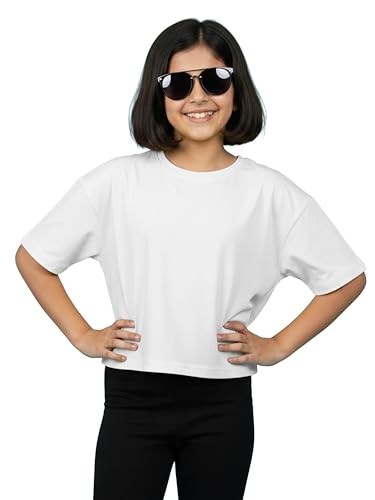 Image of KiddoPanti Girls 100% Cotton Solid Drop Shoulder Half Sleeve Round Neck Crop Tee