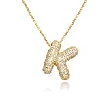 18K Bubble Letter Necklace Gold for Women, Chunky Gold Necklace Rhinestone Initial Necklaces as Christmas Birthday Gifts Charm Puff Name Pendant Alphabet Necklaces Non Tarnish Gold Plated Jewelry
