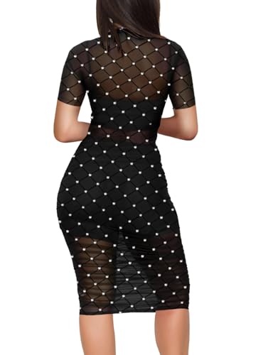 Image of Lrady Women's Mesh Dress Glitter Plaid Short Sleeve Bodycon 3 Piece Outfits with Cami Shorts, Black, Large