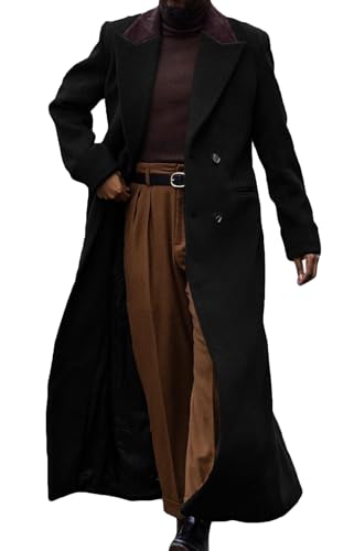 Image of Man's Double Breasted Full Length Trench Coat Casual Notch Lapel Long Jacket Peacoat Wool Blend Winter