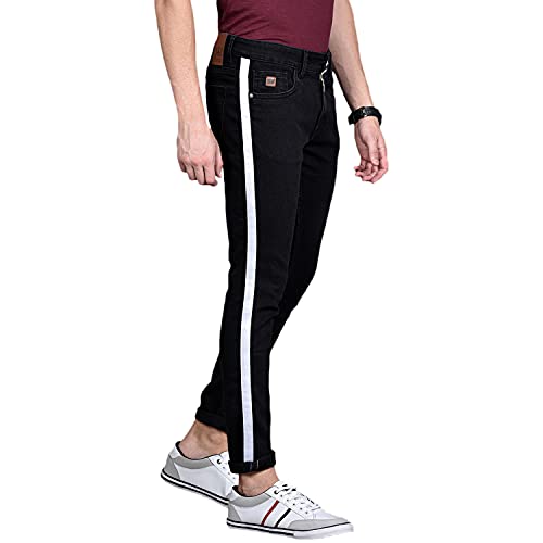 Image of CAHOOT Men' Black Tapered Side Striped Stretchable Cotton Mid Rise Denim Jeans