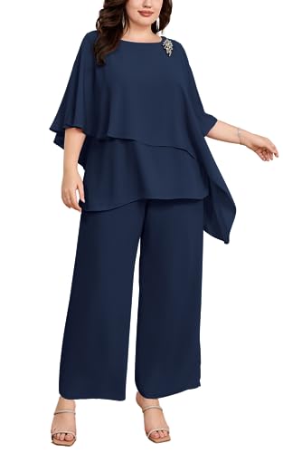 Hanna Nikole Plus Size Chiffon Mother of The Bride Pant Suits for Wedding Turquoise Women Pant Suit Set Prom Navy Blue 18 Plus