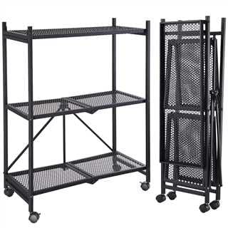 3-Tier Foldable Storage Trolley Cart, Metal Storage Trolley with Wheels, Foldable Storage Shelf Unit, Heavy Duty Steel Shelving Organizer Rack for Kitchen, Garage and Laundry Bathroom