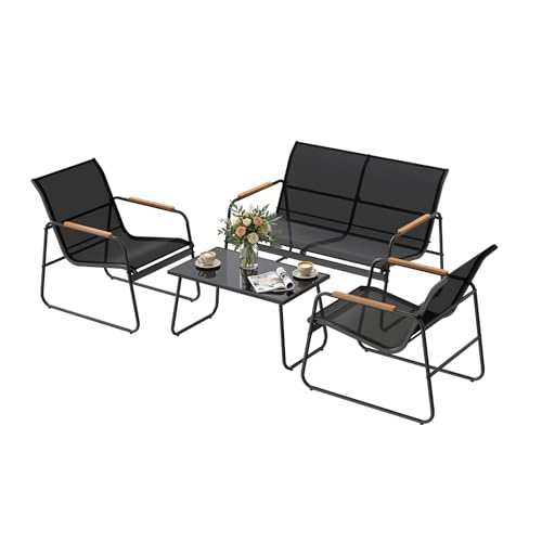 WOLTU Salon de Jardin Extérieur pour 4 Personnes, 1 Table, 2 Chaises et 1 Banc de Jardin, Ensemble de Meubles de Jadin avec Structure Métallique, Tissu...