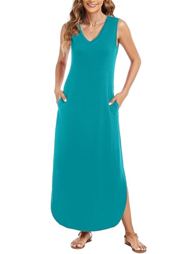 Image of Arolina Maxi Dress for Women Tropical Summer V Neck Sleeveless Split Long Beach Dresses Casual Loose Sundress with Pockets