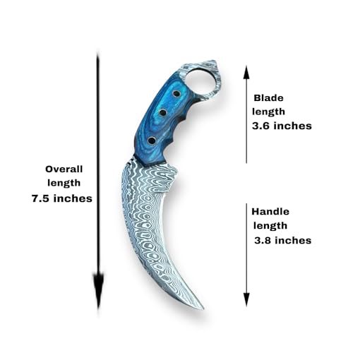 Handmade Damascus Steel Hunting Knife with Sheath | 7.5'’ EDC Fixed Blade Knives For Men and Women Demasticus Camping Survival Belt Knifes For Horizontal Carry with Blue Wood