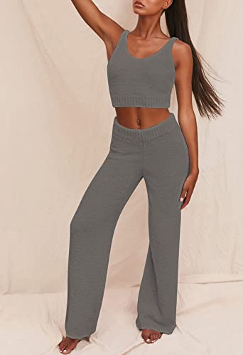 Image of Fixmatti Women's Fuzzy 3 Piece Sweatsuit Open Front Cardigan Crop Tank Tops Wide Legs Pants Lounge Sets